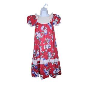 Vintage 80s Hawaiian Puff Sleeve Floral Dress Women Size S Red Midi